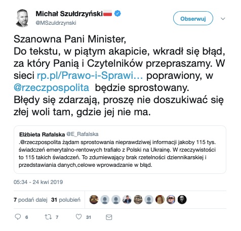 Rzeczpospolita posłużyła się nieprawdziwymi danymi. Redakcję poprawiła minister Elżbieta Rafalska