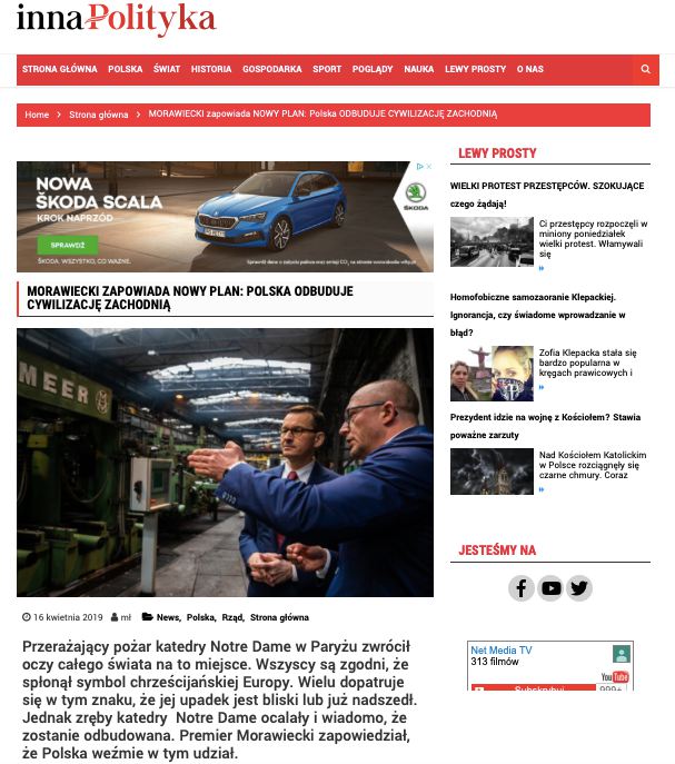 Redaktor serwisu Inna Polityka przeinaczył zamiary Mateusza Morawieckiego ws. odbudowy paryskiej katedry Notre-Dame