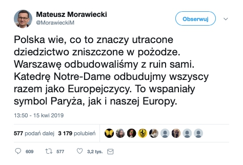 Redaktor serwisu Inna Polityka przeinaczył zamiary Mateusza Morawieckiego ws. odbudowy paryskiej katedry Notre-Dame