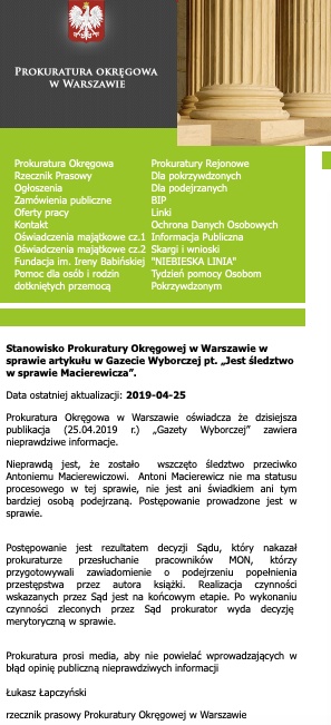 Gazeta Wyborcza przekazała nieprawdziwe informacje o śledztwie przeciw Antoniemu Macierewiczowi. Zdementowała je prokuratura