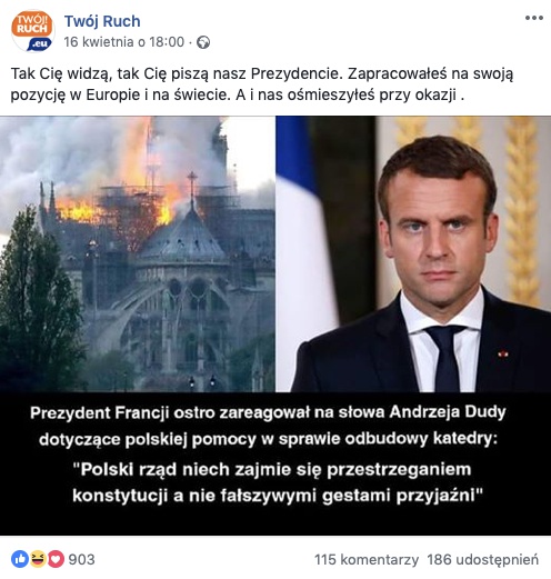 Fałszywy cytat Emmanuela Macrona o Polsce obiegł media społecznościowe tuż po pożarze Notre-Dame