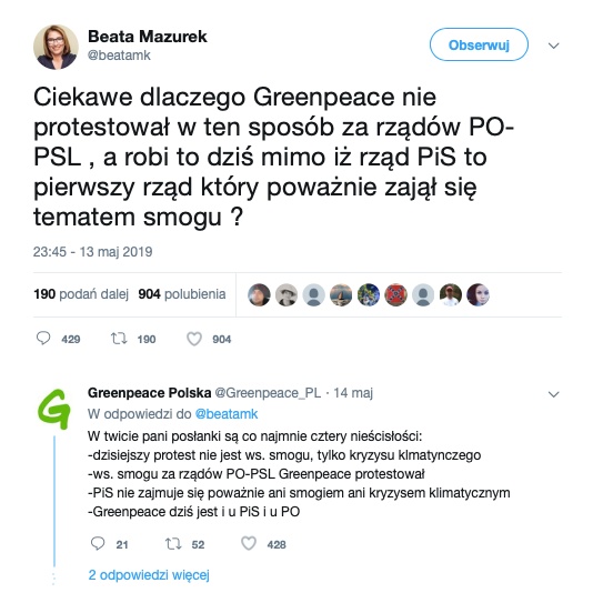 Beata Mazurek dokonała przekłamania w krótkim wpisie na Twitterze. Poprawili ją aktywiści Greenpeace