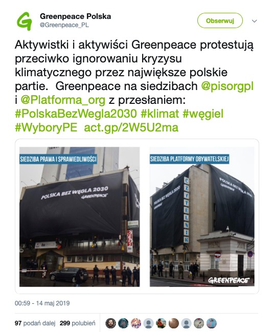Beata Mazurek dokonała przekłamania w krótkim wpisie na Twitterze. Poprawili ją aktywiści Greenpeace