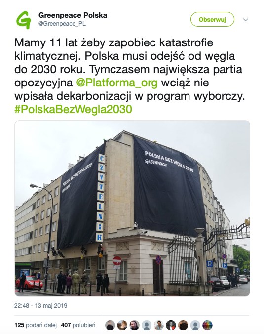 Beata Mazurek dokonała przekłamania w krótkim wpisie na Twitterze. Poprawili ją aktywiści Greenpeace