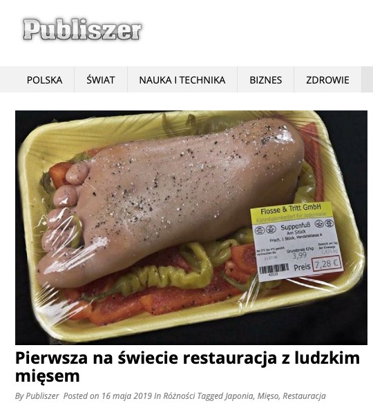 W serwisie Publiszer ukazał się tekst o restauracji serwującej ludzkie mięso. To fake news, który obiegł także zagraniczne media