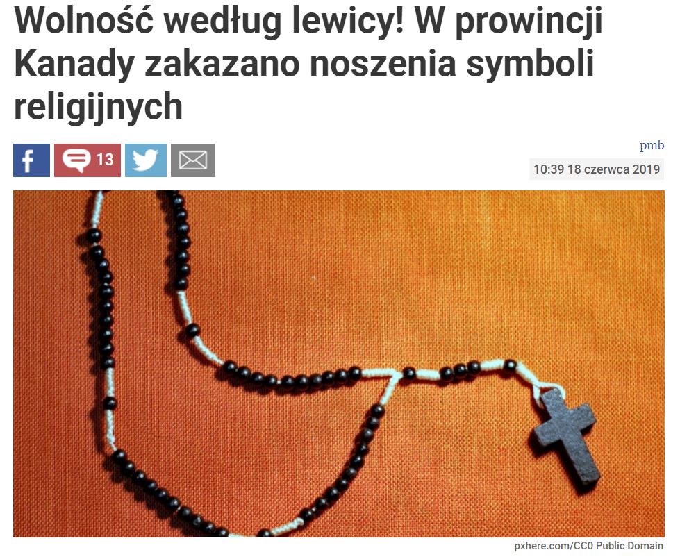 Niespójna reakcja prawicowych mediów na decyzję władz Quebecu dot. symboli religijnych