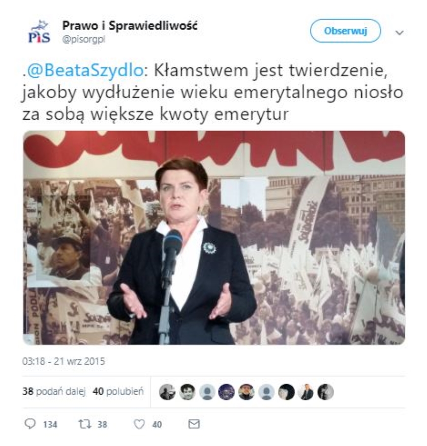 Internauci przypomnieli przekłamanie Beaty Szydło ws. podniesienia wieku emerytalnego