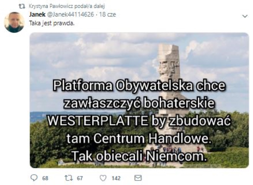 Po Twitterze krąży kłamliwy wpis, że PO chce na Westerplatte wybudować centrum handlowe. Podała go dalej Krystyna Pawłowicz