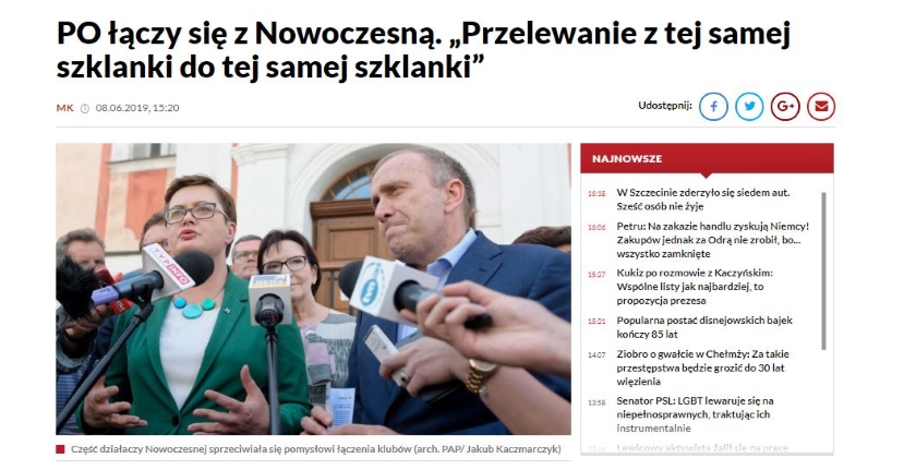 TVP Info przekazało w nagłówku, że PO łączy się z Nowoczesną. W rzeczywistości powstanie wspólny klub parlamentarny