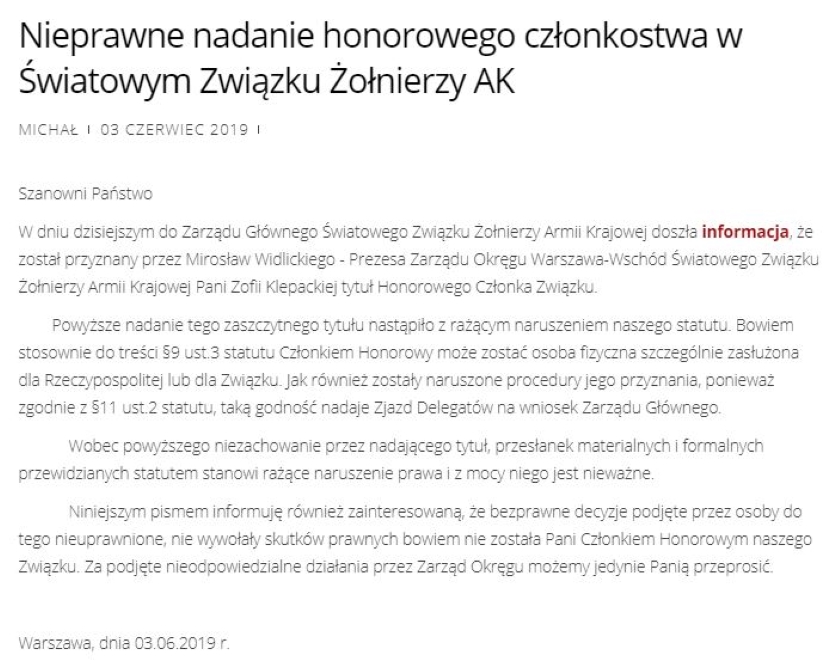 Czy Zofia Klepacka rzeczywiście została honorowym członkiem Światowego Związku Żołnierzy AK? Sieć obiegły mylące informacje