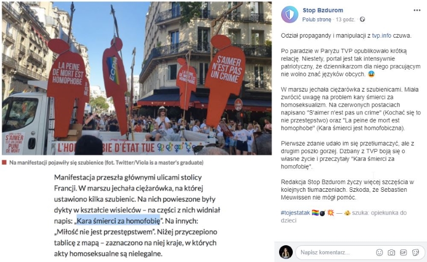 TVP Info opublikowało fake newsa o paradzie równości w Paryżu. Niesłusznie przekazano, że uczestnicy promowali karę śmierci za homofobię