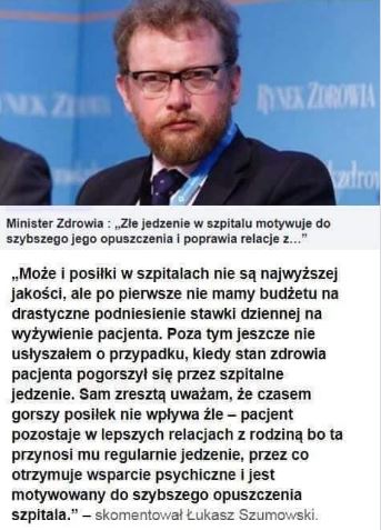 Grafika z cytatem ministra zdrowia o jedzeniu w szpitalach podbija internet. Źródła brak