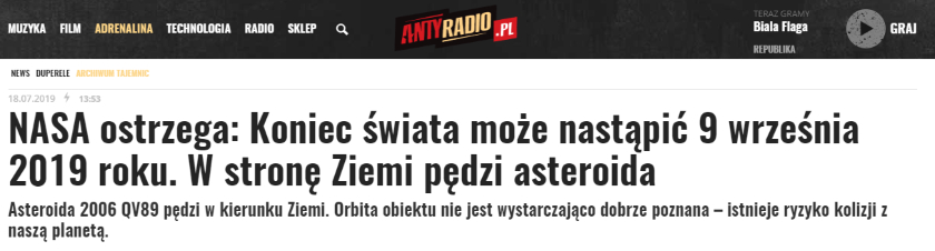 Media ostrzegają przed pędzącą asteroidą i końcem świata, którego nie będzie