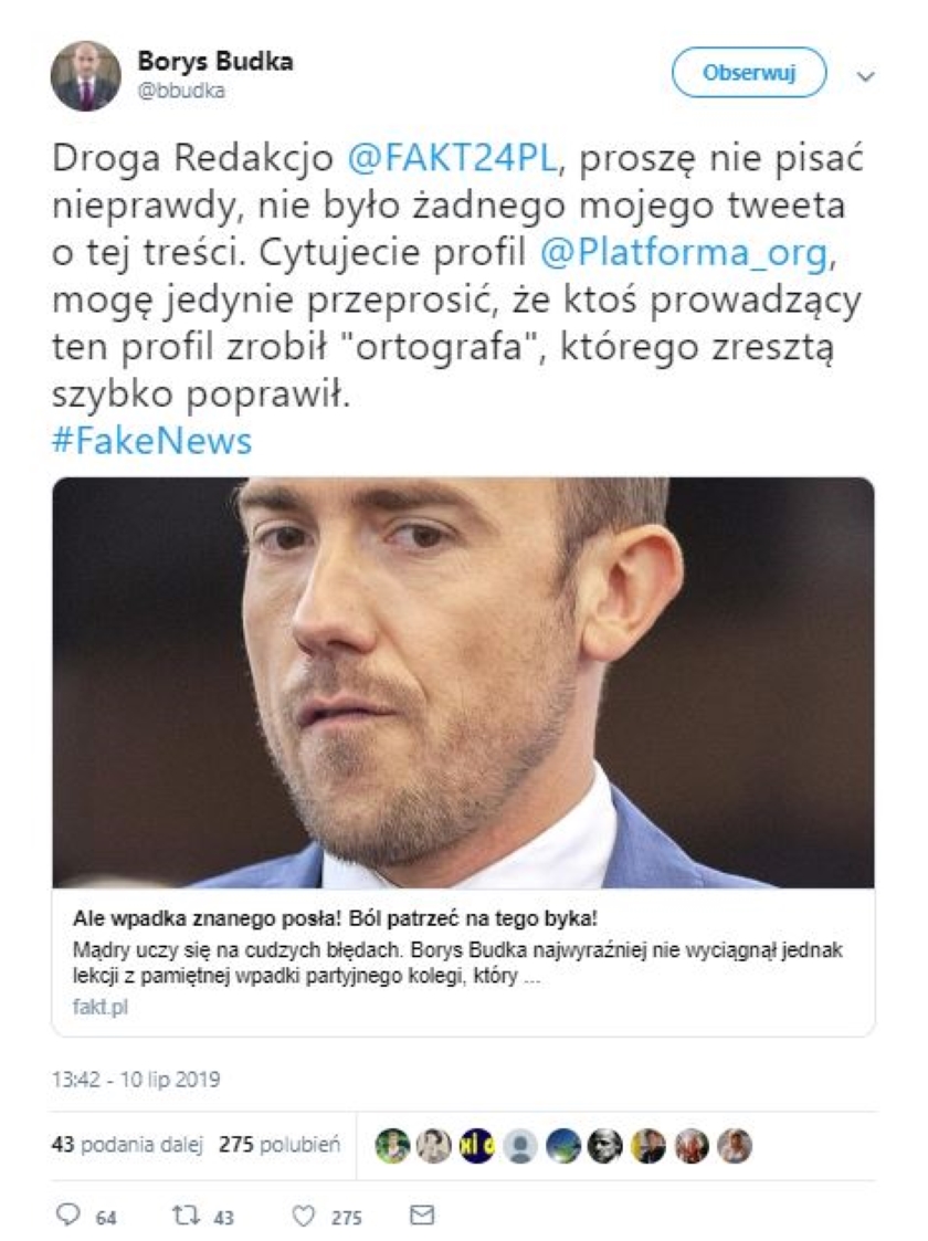 Afera wokół spektakularnego błędu ortograficznego na Twitterze PO. Media obwiniły Borysa Budkę, ten zaprzecza