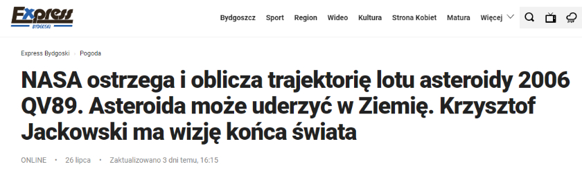 Media ostrzegają przed pędzącą asteroidą i końcem świata, którego nie będzie