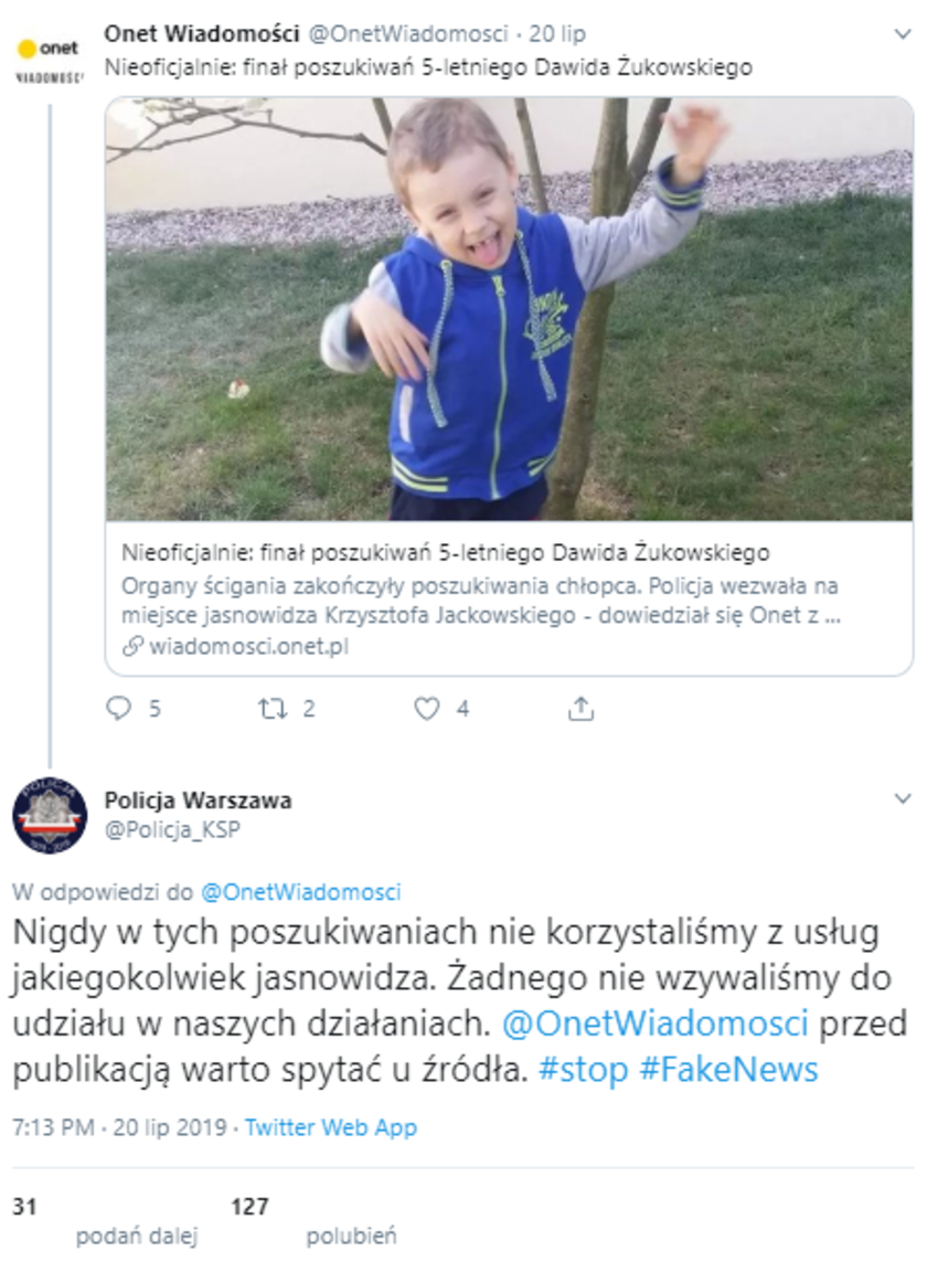 Media informowały o pomocy jasnowidza Jackowskiego w poszukiwaniach 5-letniego Dawida. Policja zaprzecza