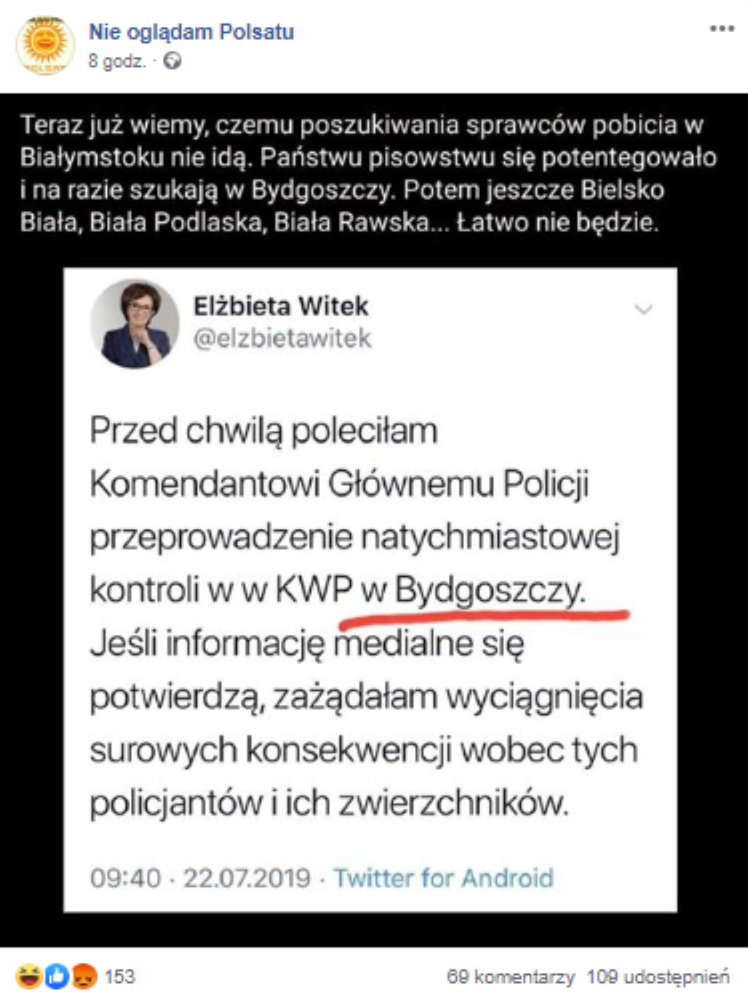 Minister Witek pomyliła Białystok z Bydgoszczą? Myląca grafika po Marszu Równości