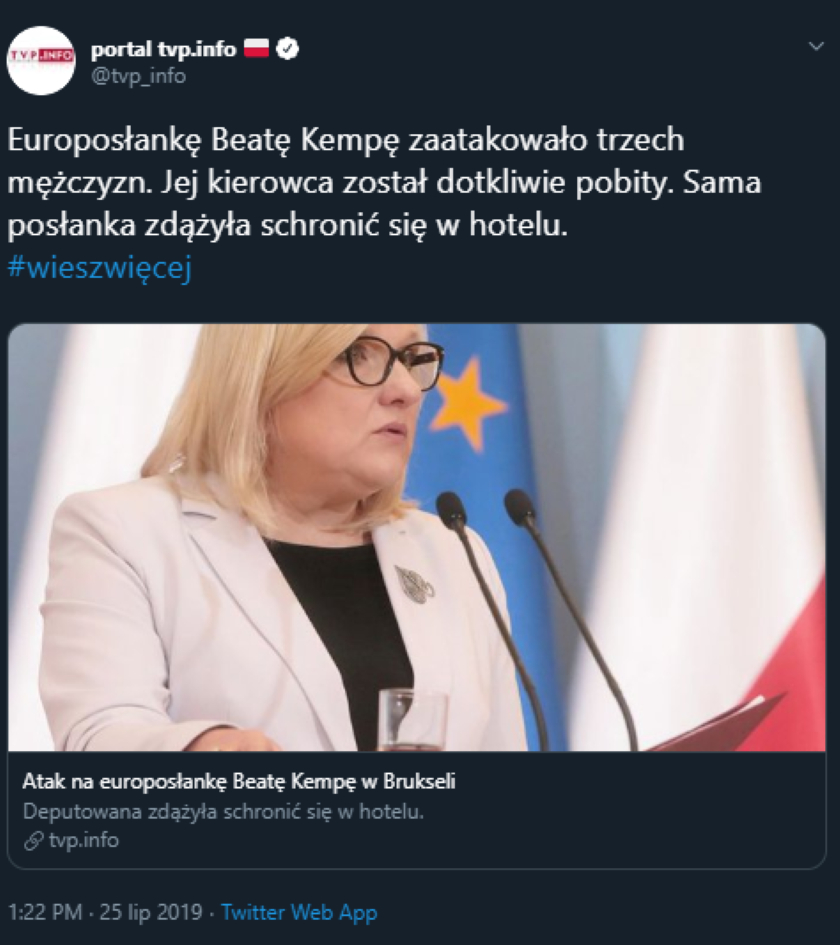 TVP informowało o napaści na Beatę Kempę i motywowało sprawę politycznie. Prokuratura przedstawiła inną wersję zdarzeń