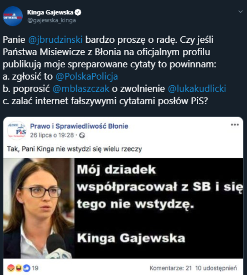 Fake news o dziadku posłanki PO powraca. W przeszłości zwracała się w tej sprawie J. Brudzińskiego