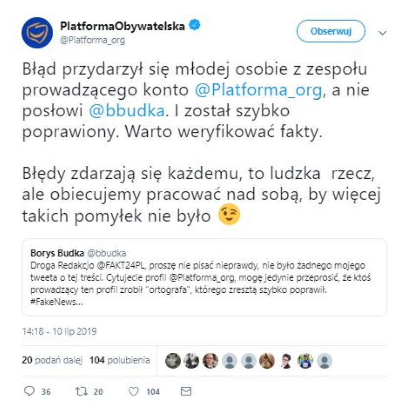 Afera wokół spektakularnego błędu ortograficznego na Twitterze PO. Media obwiniły Borysa Budkę, ten zaprzecza