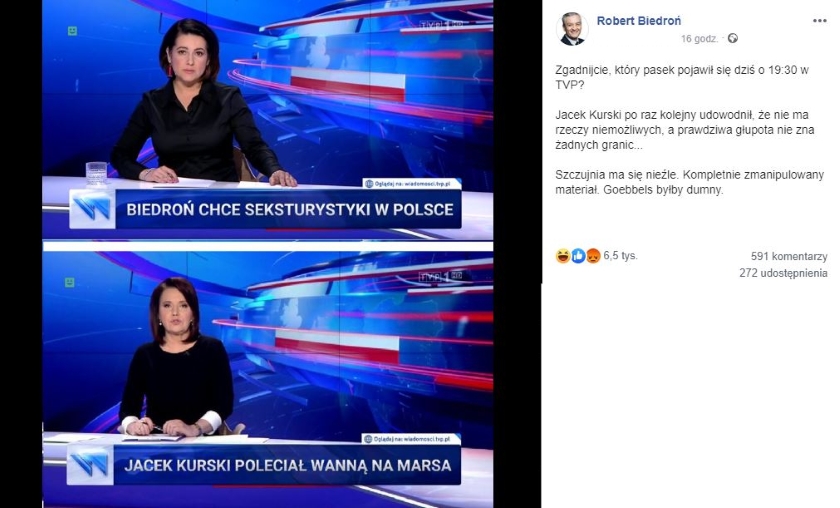 W Wiadomościach TVP zmanipulowano wpis Roberta Biedronia na Facebooku. Do KRRiT trafiła już skarga w tej sprawie