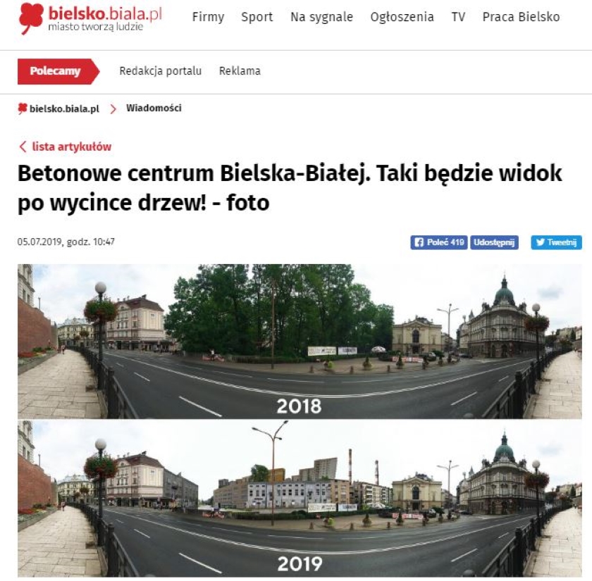 W TVP Info chciano udowodnić, jak wygląda wycinka drzew w Warszawie. Pokazano zdjęcia z Bielska-Białej