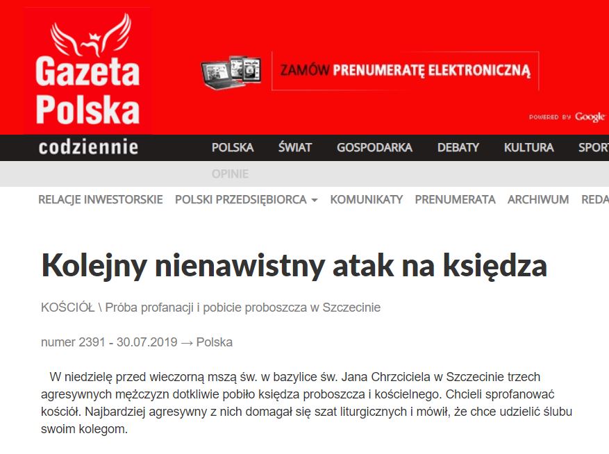 Powodem ataku na księdza w Szczecinie nie była chęć udzielenia homoseksualnego ślubu przez napastników