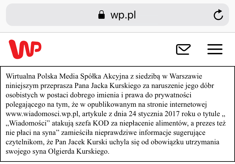 Wirtualna Polska przeprasza Jacka Kurskiego za przekazanie nieprawdziwych informacji na jego temat