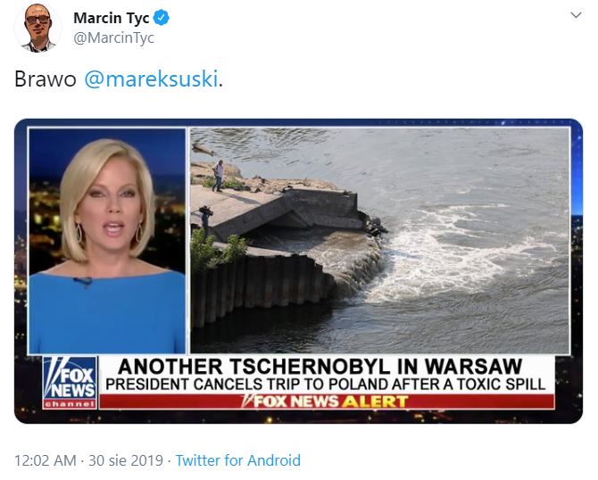 Marek Suski porównał awarię oczyszczalni w Warszawie do Czarnobyla. W sieci pojawił się fałszywy pasek Fox News