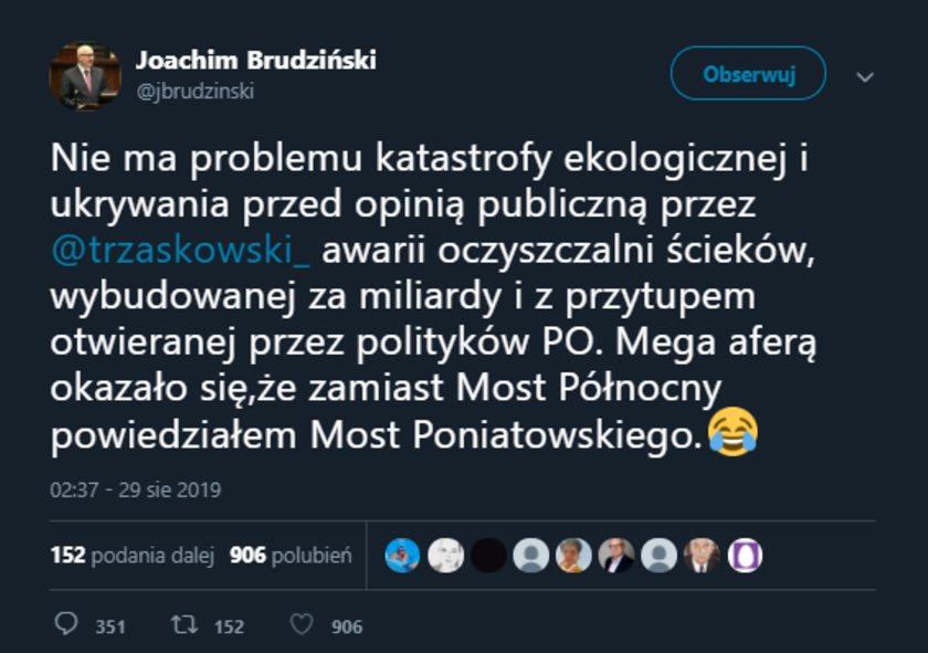 Brudziński o fali ścieków na Wiśle. Opisując skalę zanieczyszczenia pomylił stołeczne mosty