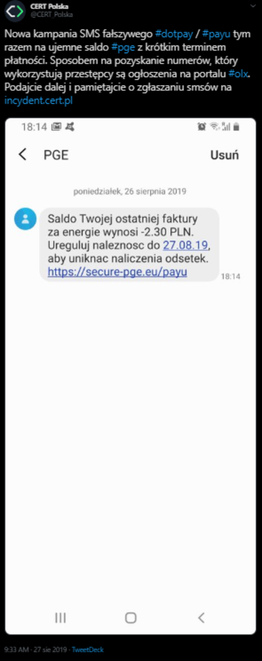 PGE nie rozsyła takich SMS-ów