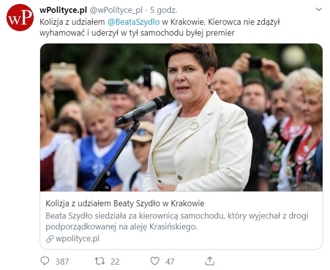 Beata Szydło została uznana sprawczynią kolizji. WPolityce publikuje sugestywną informację na temat stłuczki 