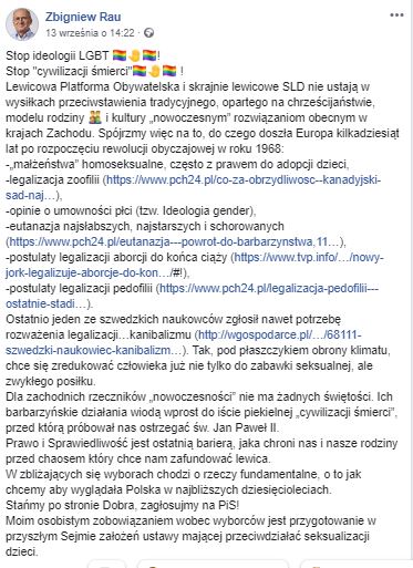 Zbigniew Rau zestawił LGBT z zoofilią. Powołał się przy tym na fake newsa