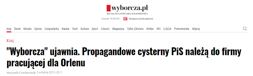 Wyborcza: cysterny wstydu należą do firmy Orlen Transport. Weryfikujemy fakty w sprawie