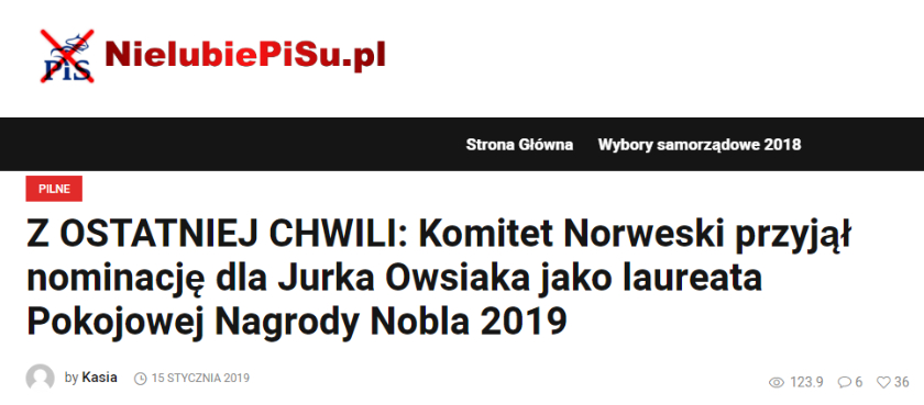 Jerzy Owsiak pokojowy Nobel