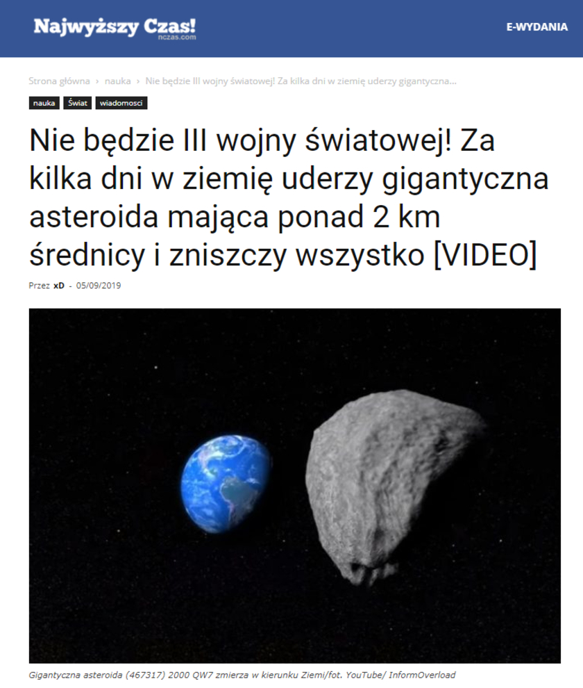 Najwyższy Czas! ogłosiło koniec świata, który ma nastąpić już za kilka dni. Naukowcy z NASA są innego zdania