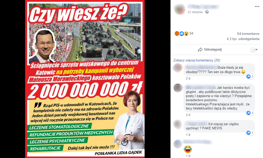 Rząd wydał 2 mld na defiladę Wojska Polskiego w Katowicach? Zmanipulowana grafika okrąża Facebooka