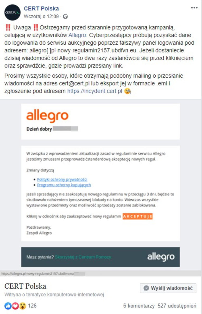 Allegro ostrzeżenie