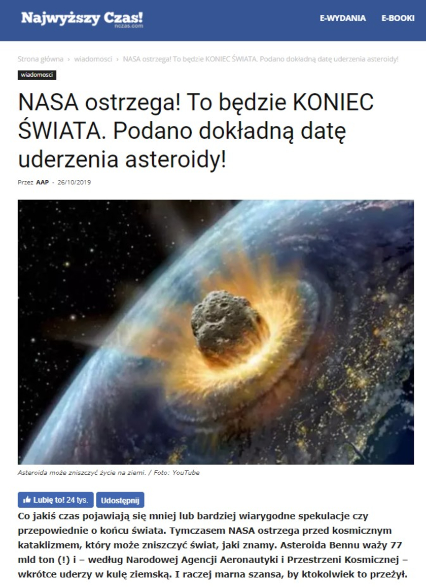 Asteroida Bennu uderzenie