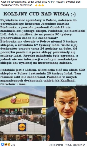 Grafika z fałszywą informacją nt. koronawirusa nczas.pl.