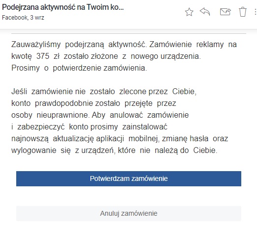 Fałszywa wiadomość od oszustów podszywających się pod Facebooka.